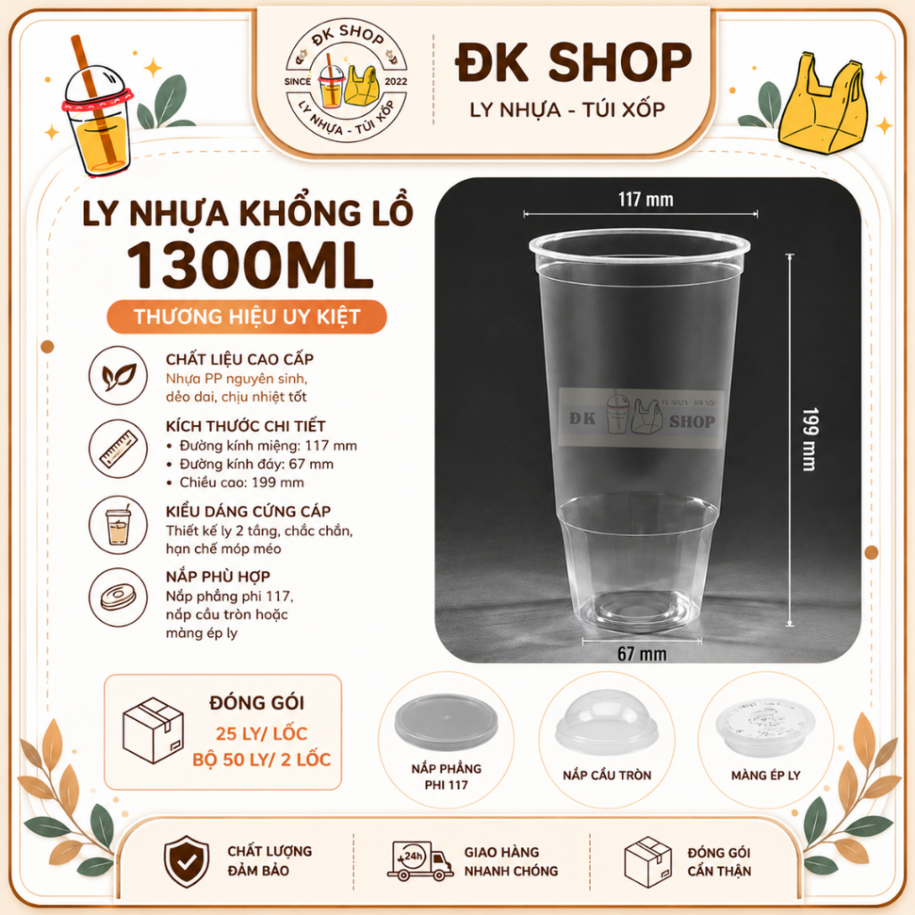 50 Ly Nhựa 2 Tầng 1300ml Kèm Nắp Phi 120 – Ly Trà Sữa Khổng Lồ 1L3 – Ly Nhựa Đựng Sinh Tố Nước Ép Ta