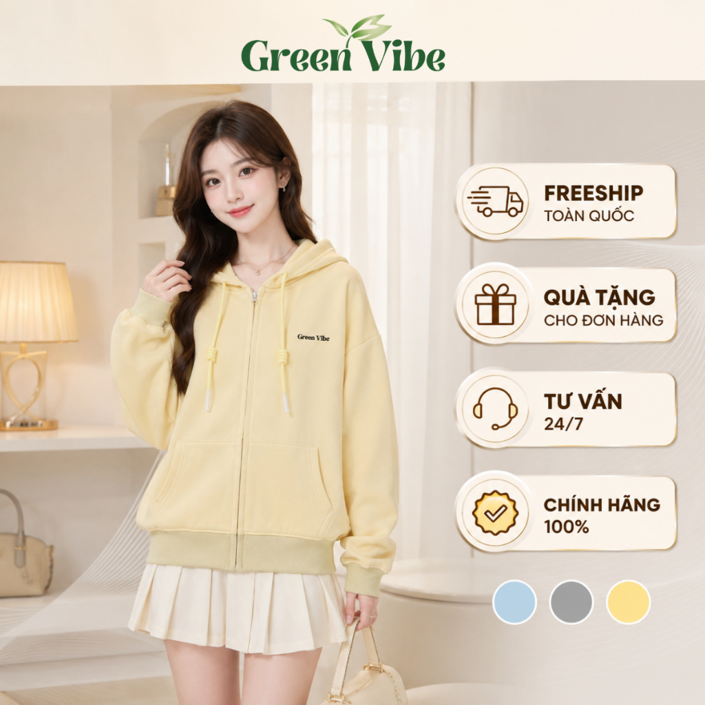 Áo Khoác Nỉ GREEN VIBE Có Mũ Dáng Basic Unisex Nỉ 2 Da 310gsm Đứng Form Khóa Kéo Ẩn Cao Cấp