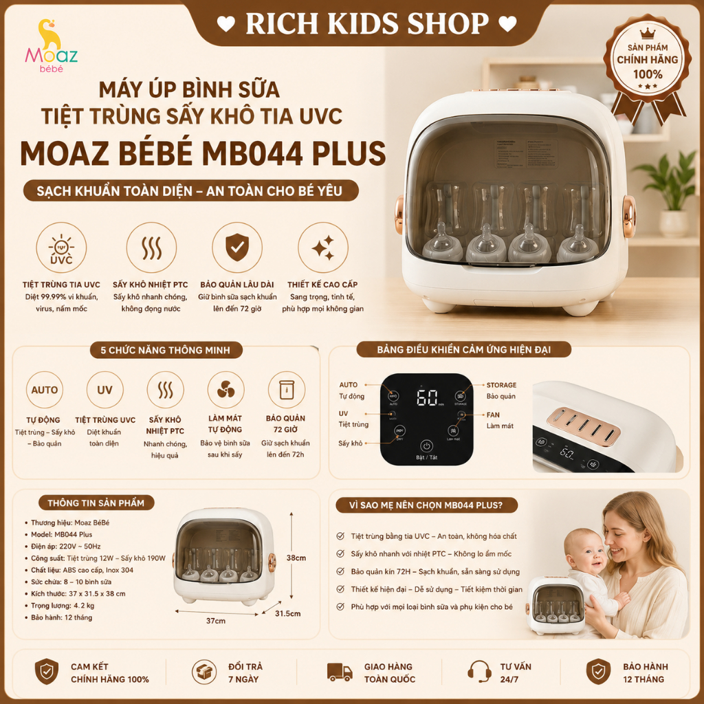 [ Bản mới nhất - BH 12 tháng ] Máy úp bình sữa, tiệt trùng sấy khô tia UVC Moazbebe MB044 Plus