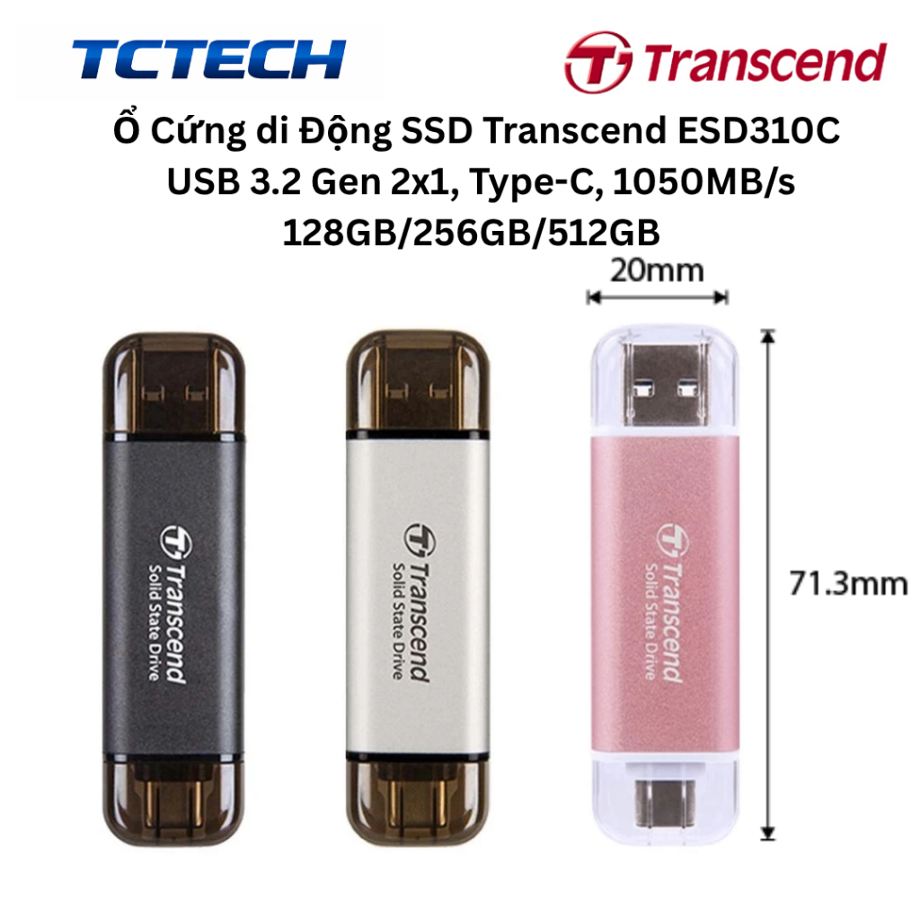 Ổ Cứng di Động SSD Transcend ESD310C, USB 3.2 Gen 2x1, Type-C, 1050MB/s - 128GB, 256GB, 512GB Chính 