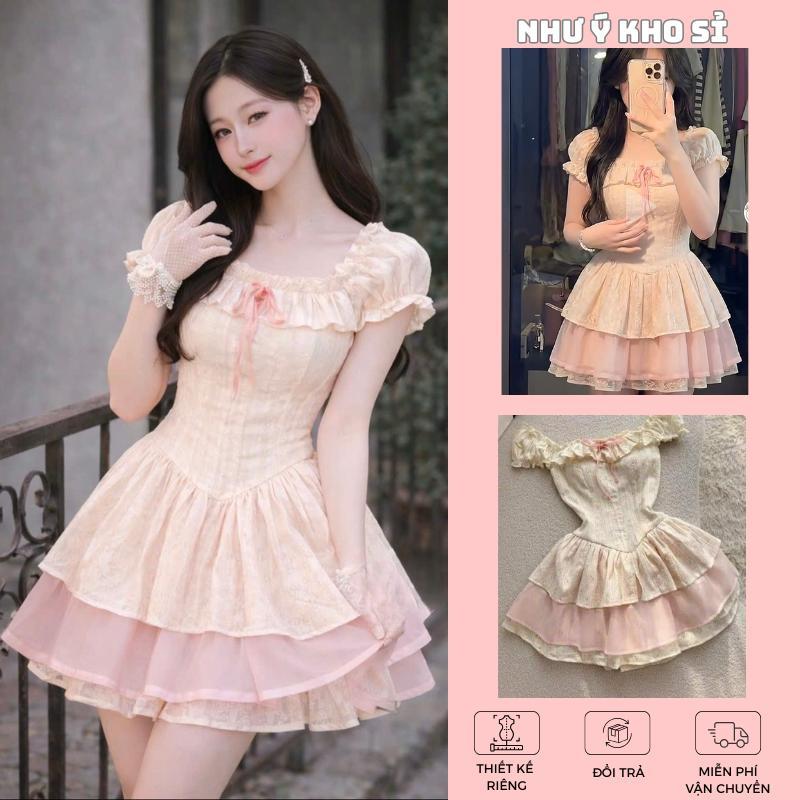 [004] Đầm kiểu trễ vai hoa nhí phối hồng CÓ QUẦN LÓT BẢO HỘ xinh xắn dễ thương dành cho nữ Như Ý Bou