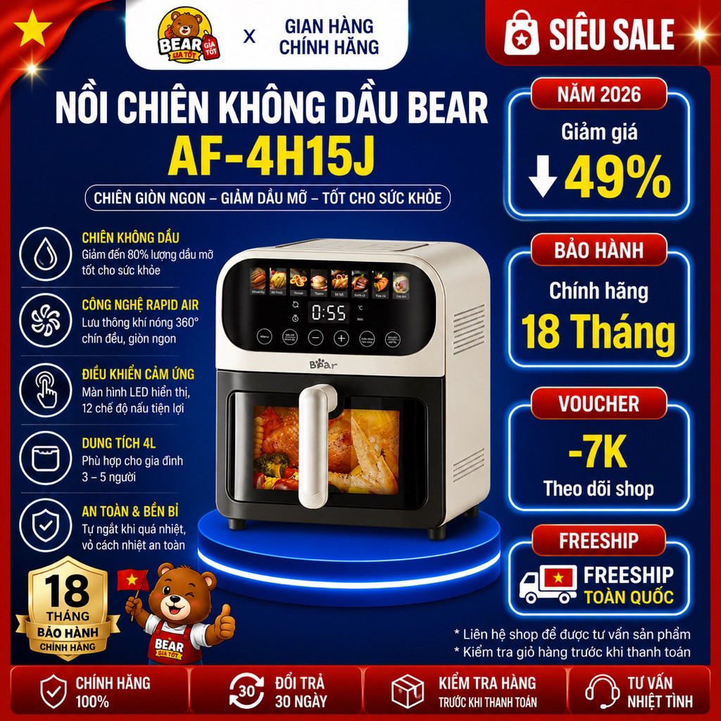 Nồi chiên không dầu Bear AF-4H15J 6L dung tích lớn chiên nướng ít dầu giòn ngon bảo hành 18 tháng