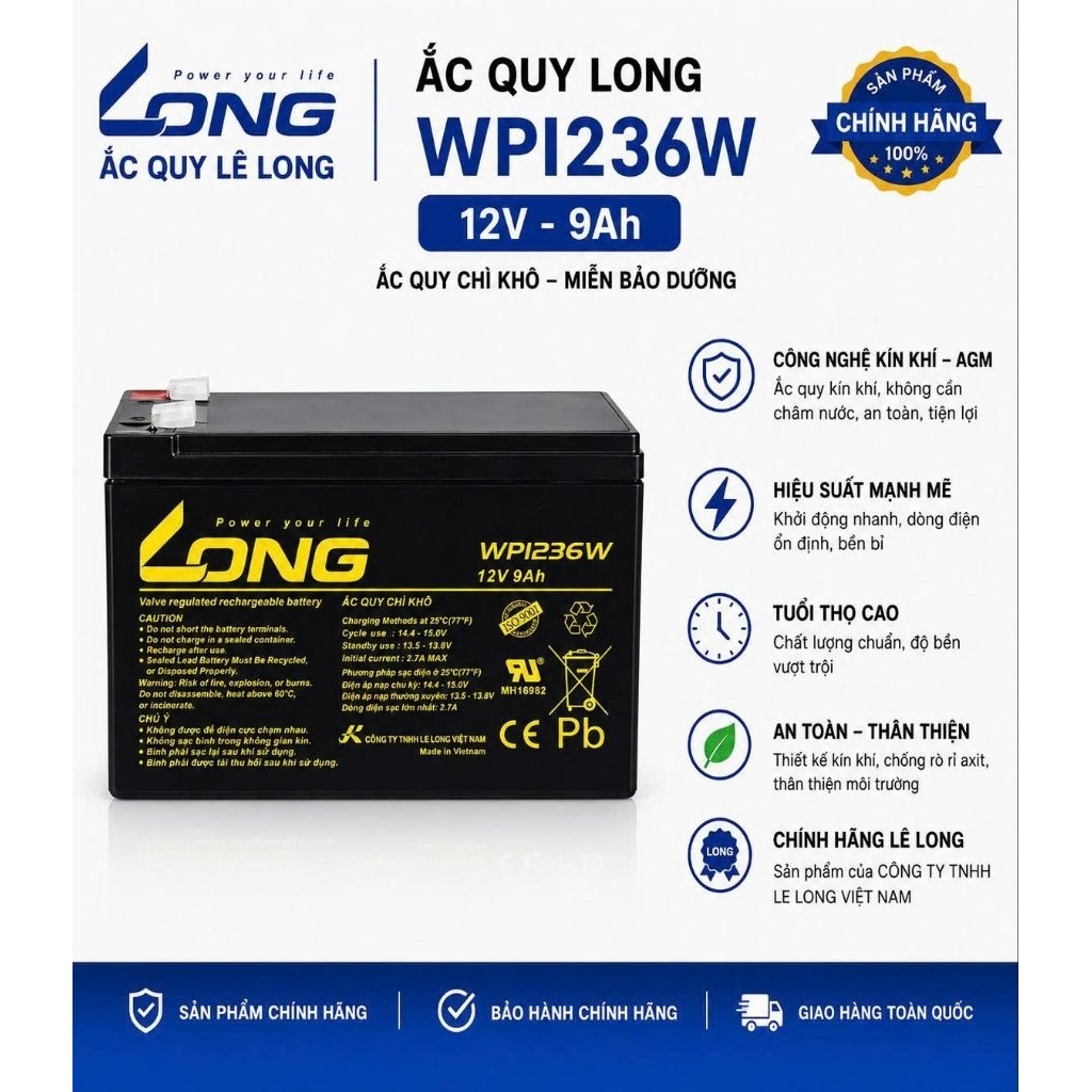 Bình ắc quy 12v khô long WP 1236W | 12V - 9ah, cho ups máy tính, ups cửa cuốn, bình xịt thuốc