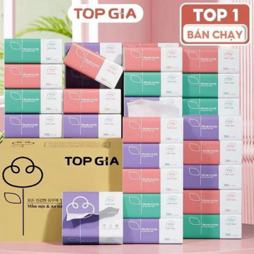 Thùng 46 gói khăn giấy ăn cao cấp TopGia 3 màu 300 tờ/4 lớp dày dặn mềm mại, tiện lợi cho gia đình