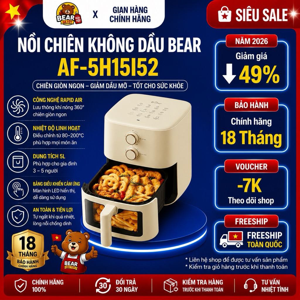 Nồi chiên không dầu Bear AF-5H15I52 5L nướng giòn ít dầu công nghệ nóng bảo hành 18 tháng