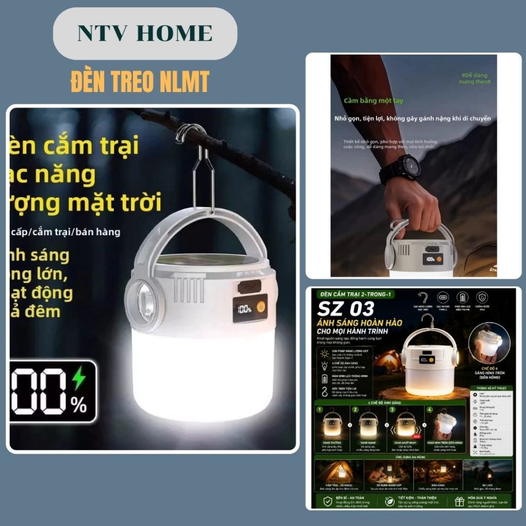 NTV HOME Đèn Lồng Cắm Trại Năng Lượng Mặt Trời LED Có Thể Sạc Lại Chống Nước Đèn Pin Ngoài Trời