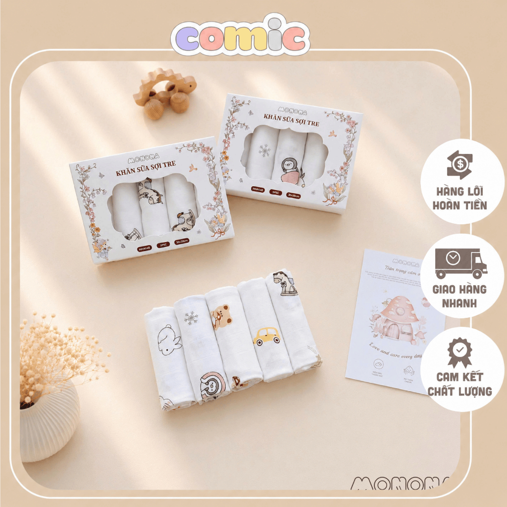 Set 5 khăn sữa cho bé 30*30cm Monona, chất liệu Organic mềm mại, thấm hút, kháng khuẩn