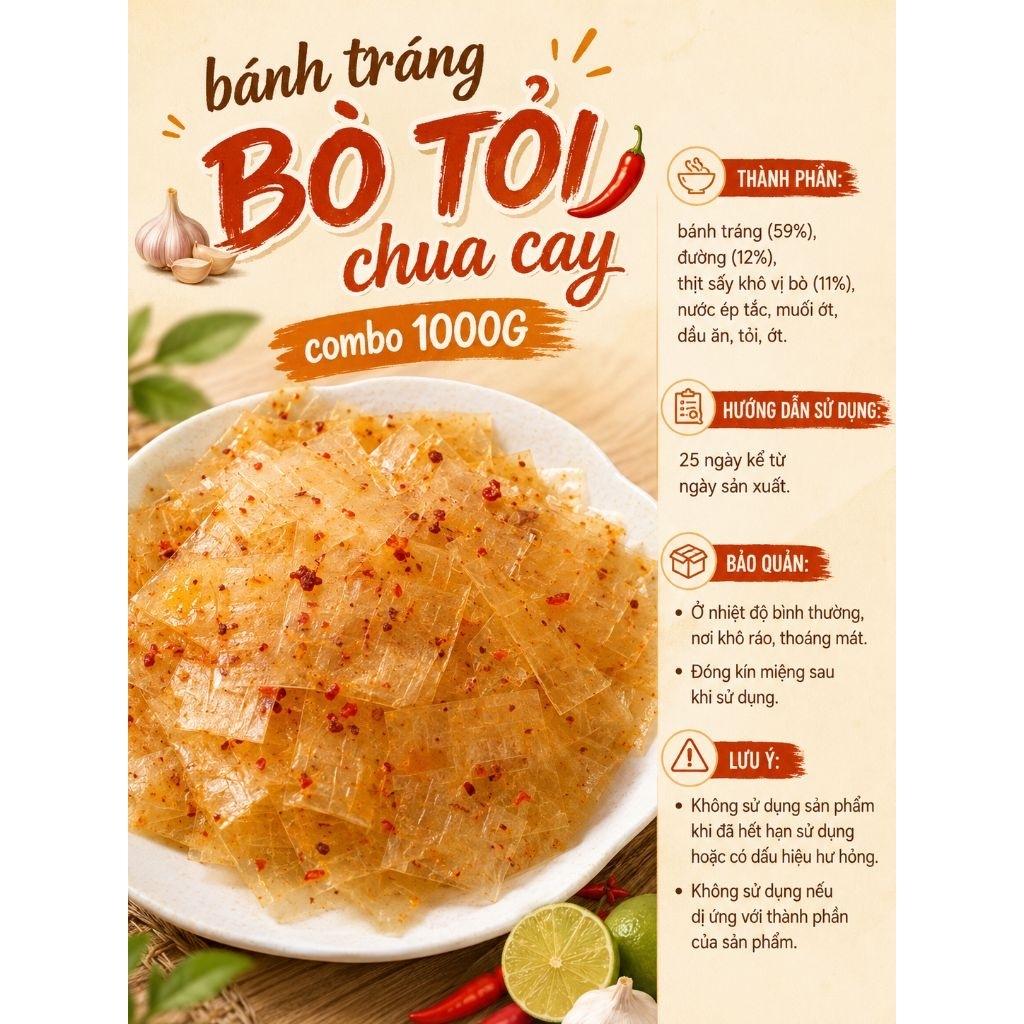 Bánh Tráng Bò Tỏi Chua Cay Combo 1000G - Dai Ngon, Đậm Vị Bò, Tỏi Thơm, Ăn Vặt Cực Cuốn