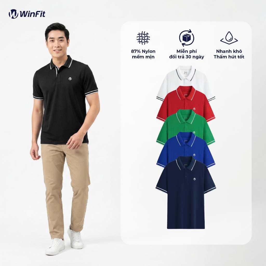 Áo Polo Nam WINFIT WPL002 Form Regular Hoạ Tiết Bo Viền - Vải Thể Thao 87% Nylon Thấm Hút Chống Nhăn