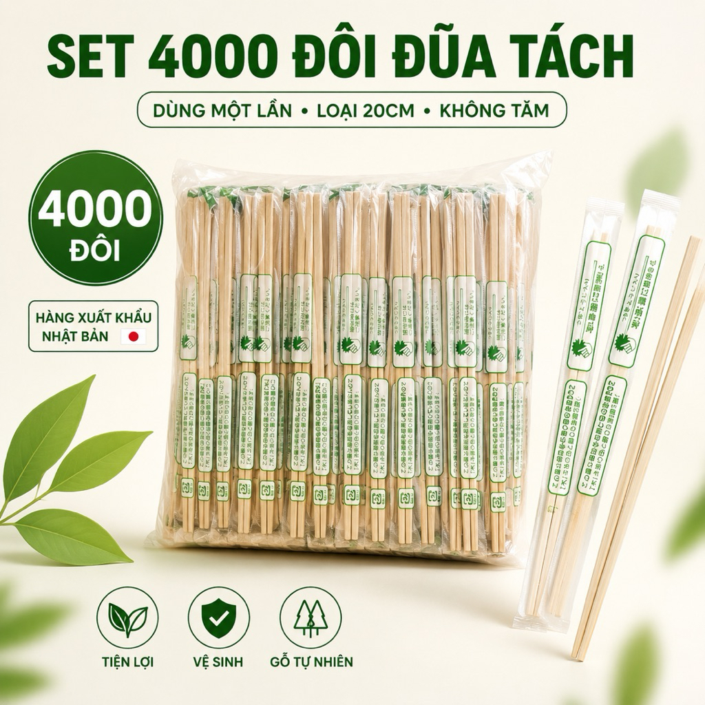 Sét 4000 đôi đũa dùng một lần loại 20cm không tăm