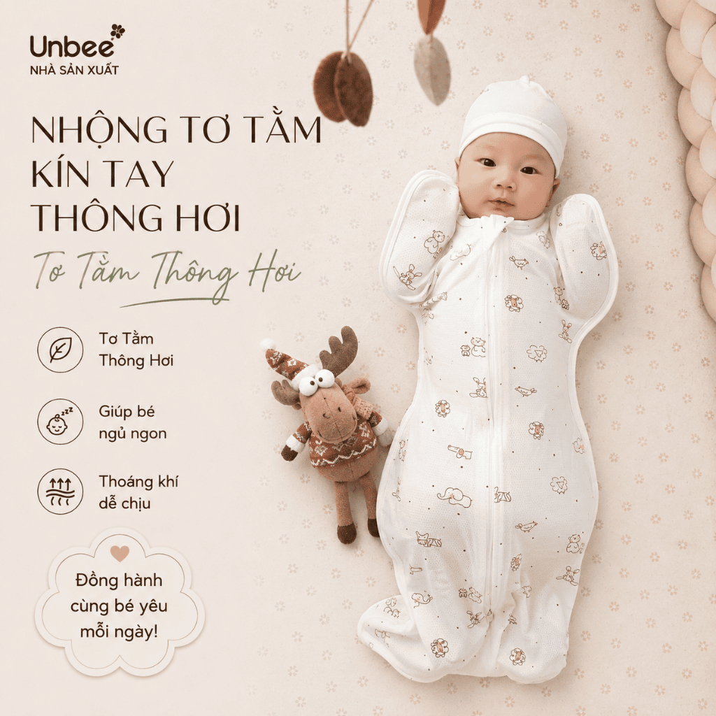 Nhộng Thông Hơi Kín Tay Unbee Tơ Tằm Giảm Giật Mình, Ngủ Ngon (Size 3-9kg)