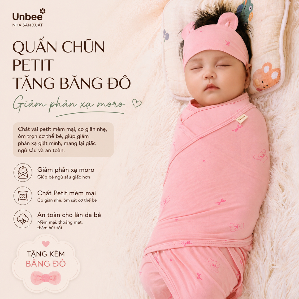 Quấn chũn Unbee kèm che thóp hình gấu cute 100% petit co giãn 4 chiều thấm hút mồ hôi 175*70cm
