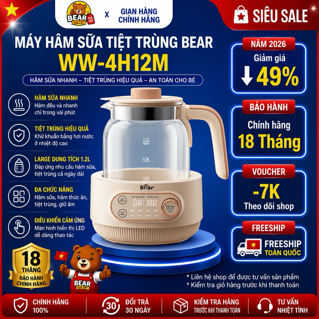 Máy Hâm Sữa Tiệt Trùng Bear WW-4H12M 1.2L Đa Năng Hâm Nhanh Giữ Nhiệt An Toàn Bảo Hành 18 Tháng