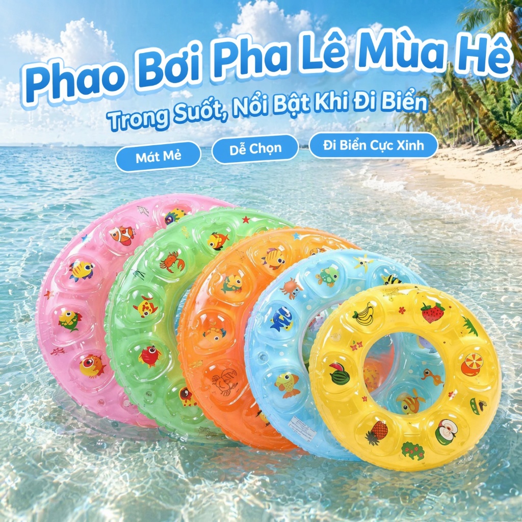 Phao bơi hình tròn 2 lớp dày dặn 60 - 70 - 80cm cho bé tập bơi họa tiết ngẫu nhiên nhiều màu