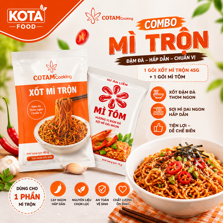 COMBO Mi Trộn (1 gói mỳ sợi dai  + 1 gói xốt mì trộn 50g đã tiệt trùng)