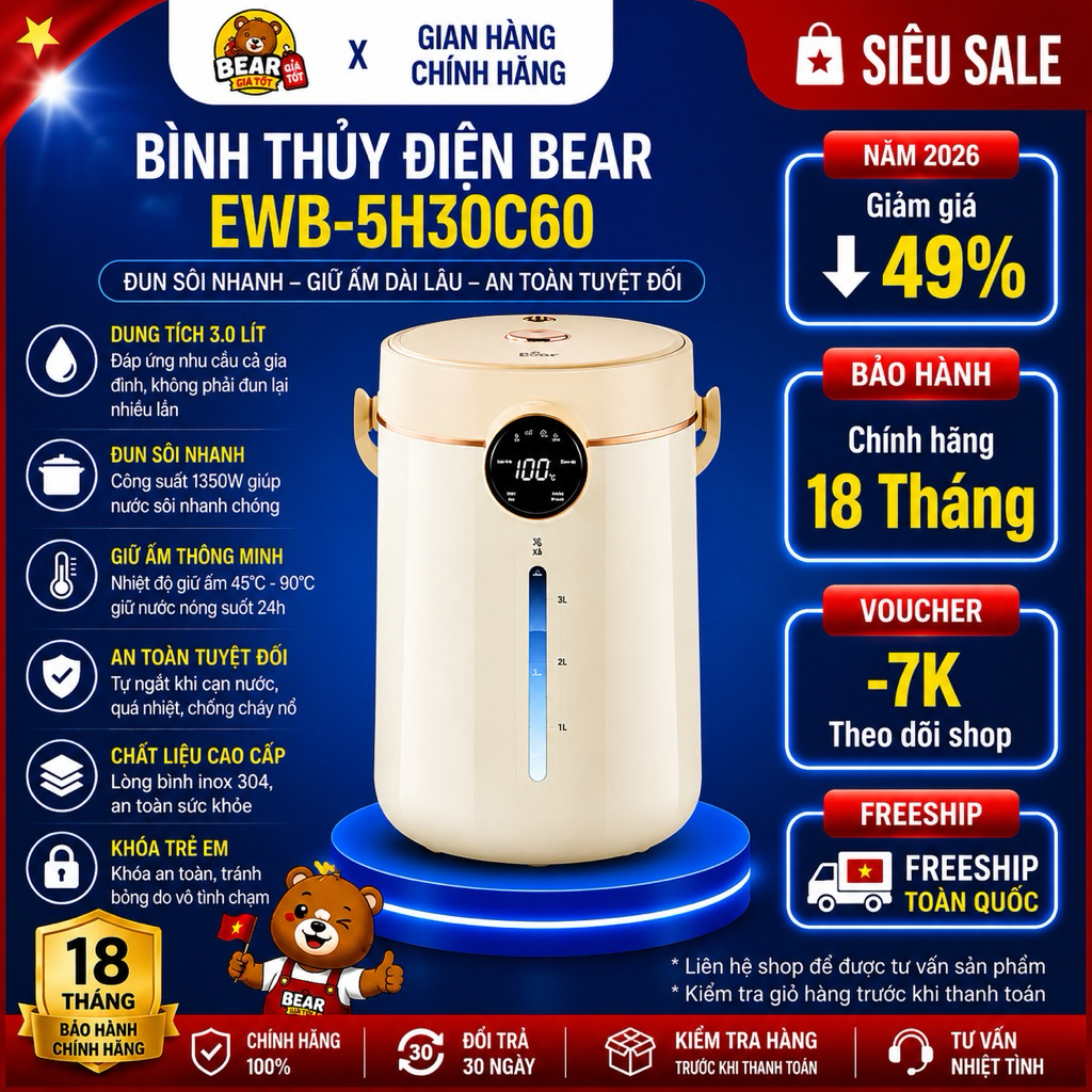 Bình Thủy Điện Bear EWB-5H30C60 3L Đun Nước Giữ Nhiệt Đa Mức An Toàn Bảo Hành 18 Tháng