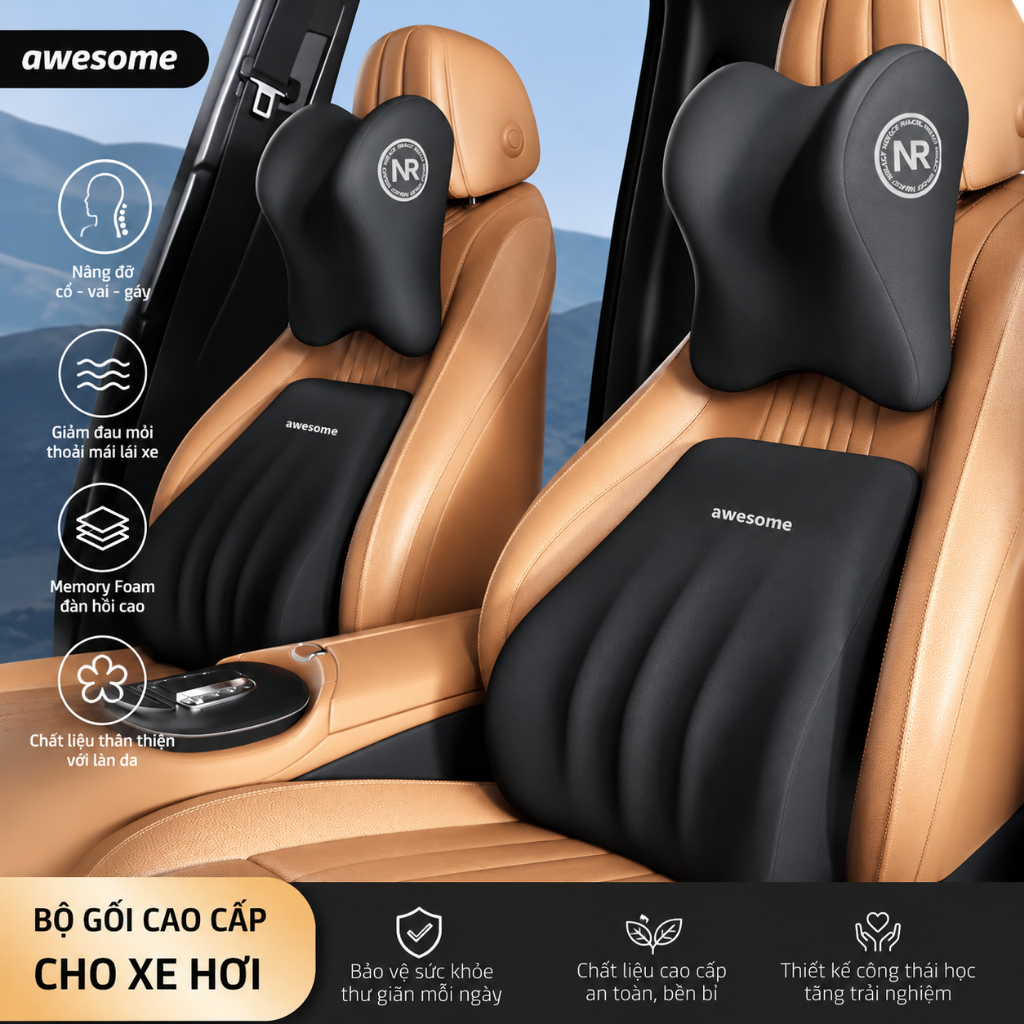 [ Mẫu Mới Awesome ] Gối Tựa Đầu Và Lưng Ô Tô  Awesome Thiết Kế Công Thái Học Cho Ô Tô, Văn Phòng
