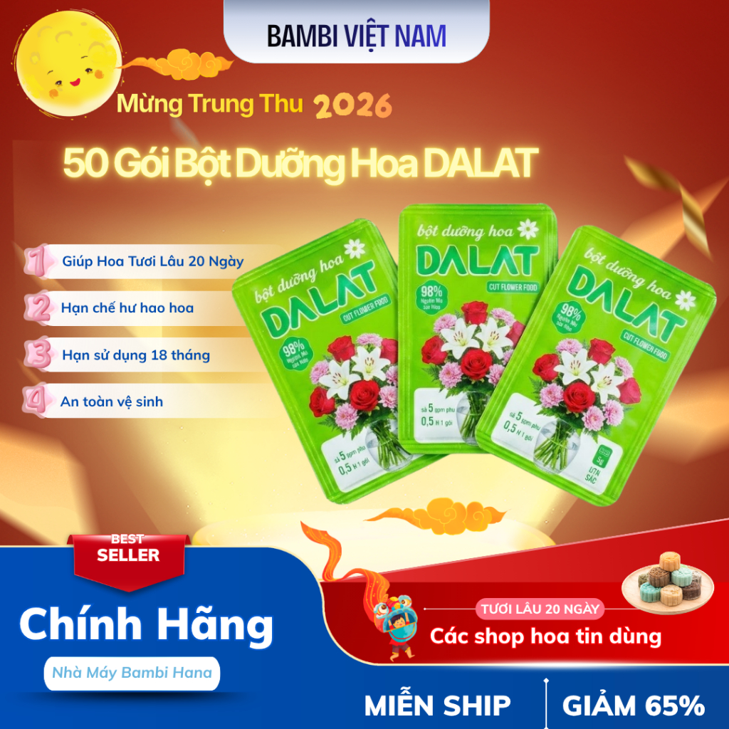 50 Gói bột dưỡng hoa tươi lâu DALAT Hasfarm Giúp Cho Hoa Tươi Lâu 20 Ngày - Công Nghệ Cao Cấp