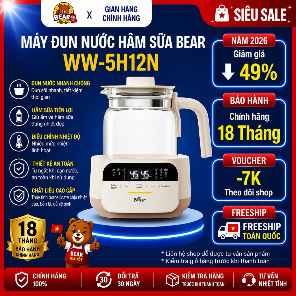 Máy Đun Nước Hâm Sữa Bear WW-5H12N 1.2L Đa Năng Pha Sữa Giữ Nhiệt Bảo Hành 18 Tháng