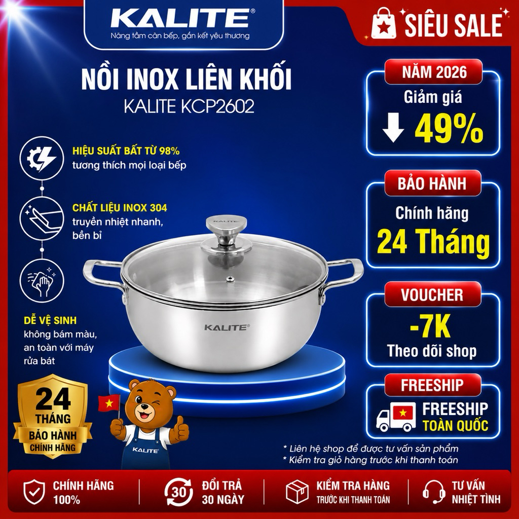 Nồi inox liền khối cao cấp đa năng KALITE KCP2602 - Bảo hành 24 tháng và sử dụng 7 ngày đầu có lỗi đ