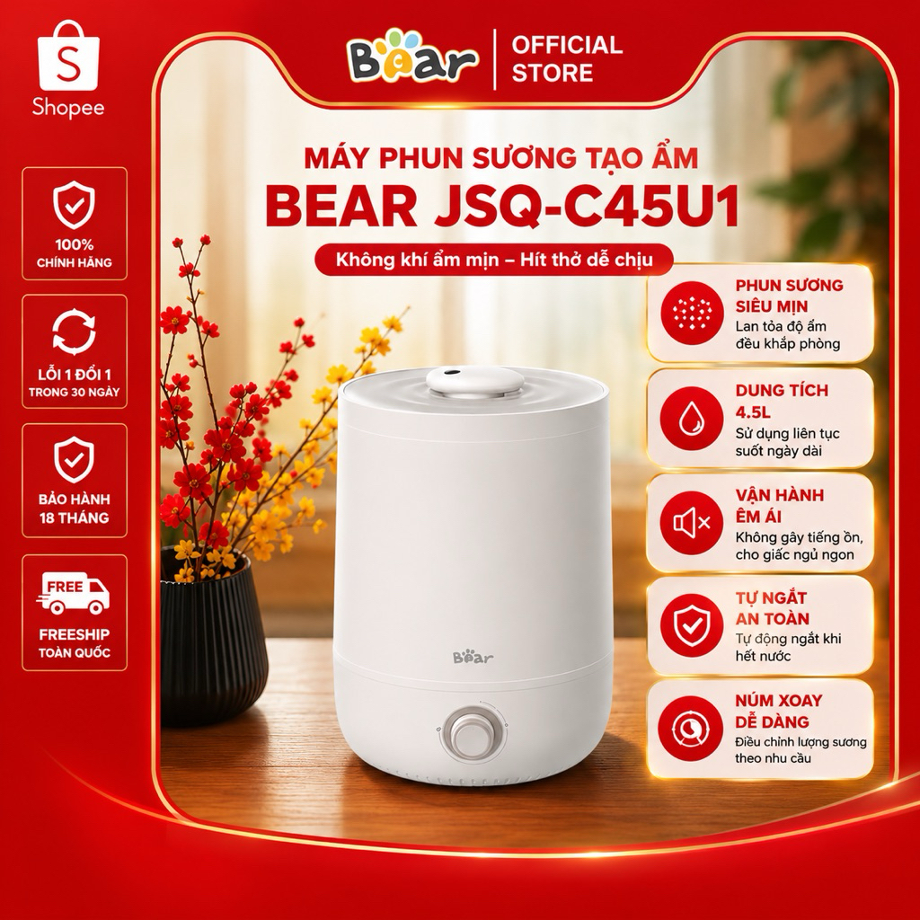 Máy Tạo Ẩm Không Khí Bear JSQ-C45U1 Điều Chỉnh Độ Ẩm 50–80%