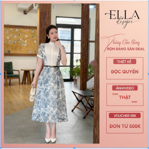 Váy Đầm Thiết Kế Ella Desgin dành cho nữ kiểu dáng midi xòe, tay ngắn, cổ lọ, thân váy phối trắng ( 