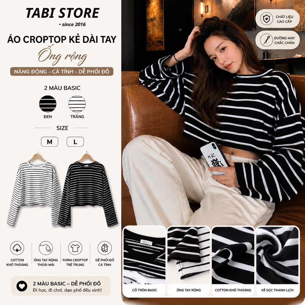 Áo Croptop Nữ Dài Tay Kẻ Ngang Form Rộng Dưới 60kg Tabi Store