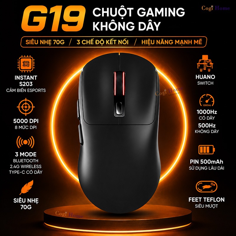 Chuột Gaming Không Dây G19 Siêu Nhẹ - 3 Chế Độ Bluetooth/USB/Type-C, Chip S203, Switch Huano