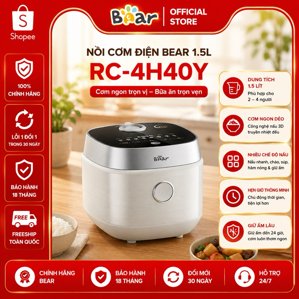 Nồi Cơm Điện Bear 1.5L RC-4H40Y Lòng Gang Tráng Men Ceramic Pro 9H 8 Chế Độ Nấu Bảo Hành 18 Tháng