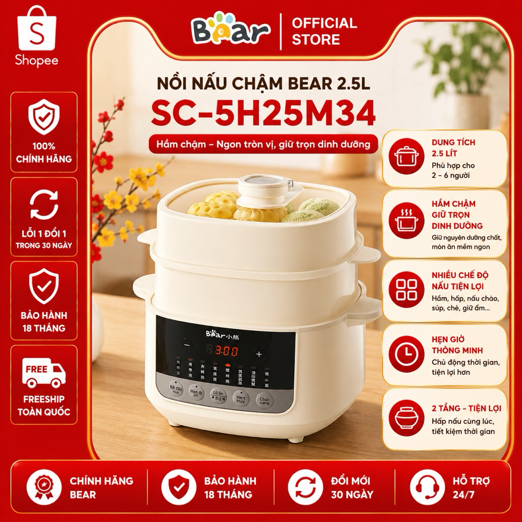 Nồi Nấu Chậm Bear 2.5L SC-5H25M34 4+1 Thố Sứ Hầm Cách Thủy 10 Chế Độ Nấu Bảo Hành 18 Tháng