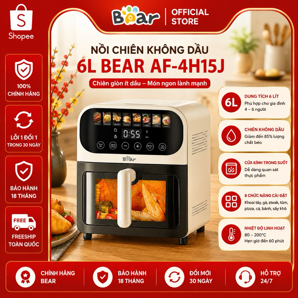 Nồi Chiên Không Dầu Bear 6L AF-4H15J Chiên Hơi Nước 1450W Cảm Ứng Thông Minh Bảo Hành 18 Tháng