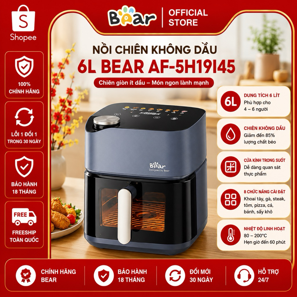 Nồi Chiên Không Dầu Bear 6L AF-5H19I45 Nhiệt Kép Bù Ẩm 230°C 8 Chế Độ Nấu Bảo Hành 18 Tháng