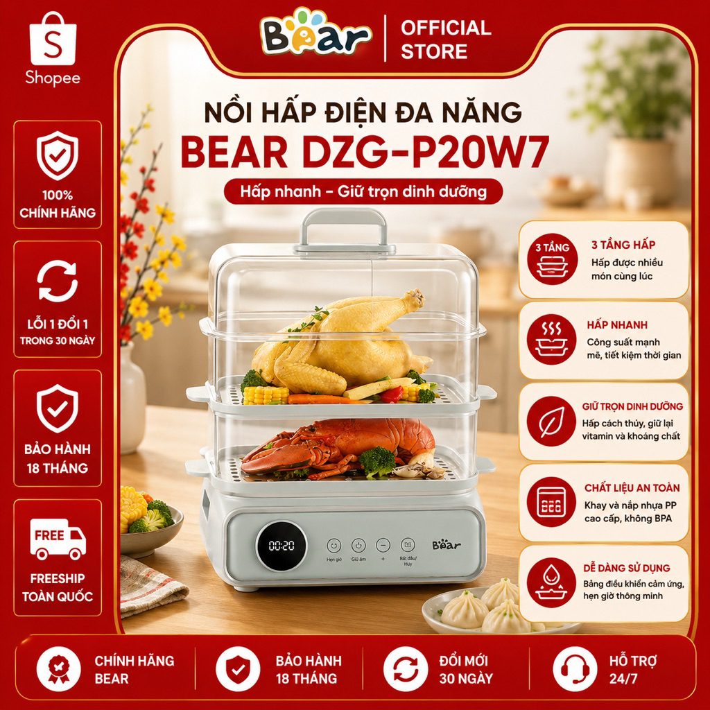 Nồi hấp điện đa năng BEAR DZG-P20W7 2 tầng inox 304 hấp nhanh giữ nhiệt tốt tiện lợi gia đình