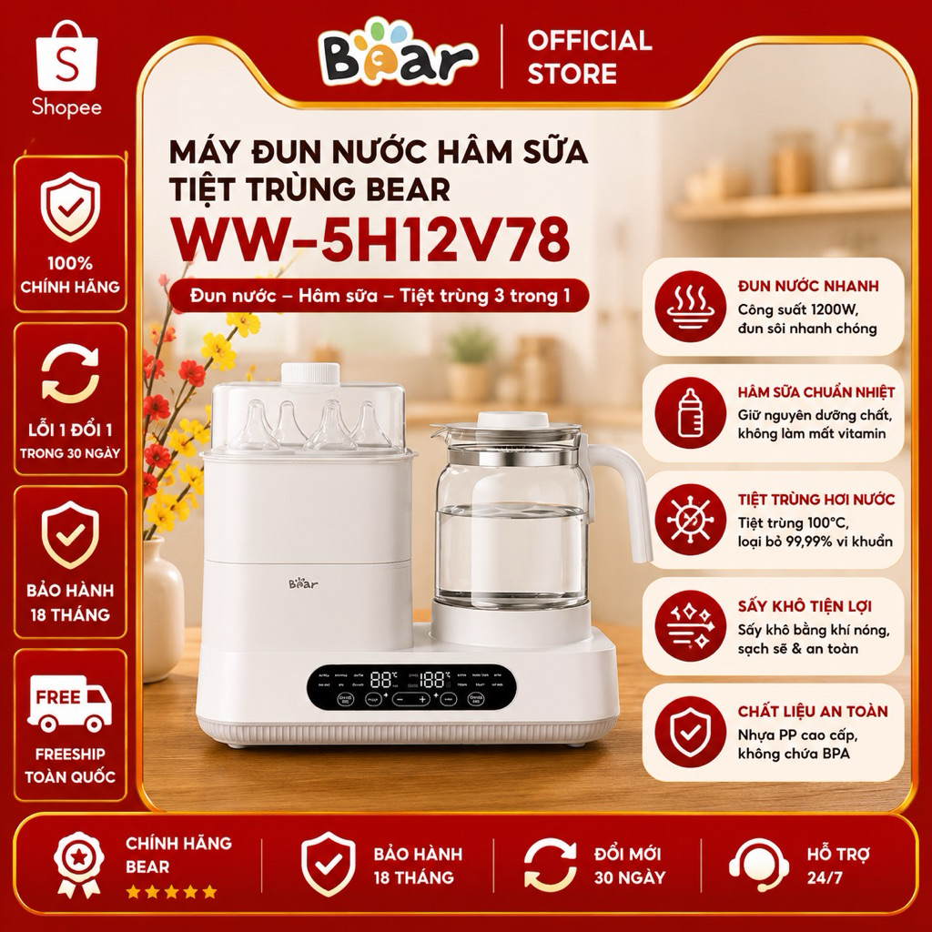 Máy đun nước hâm sữa BEAR WW-5H12V78 tiệt trùng đa năng giữ ấm pha sữa thông minh cho bé tiện lợi