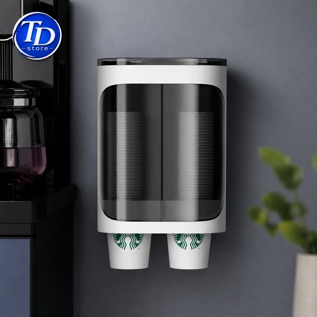 Khay đựng ly nhựa, ly giấy dùng 1 lần CupHolder treo tường rút cốc tự động với 2 ngăn đựng tiện lợi