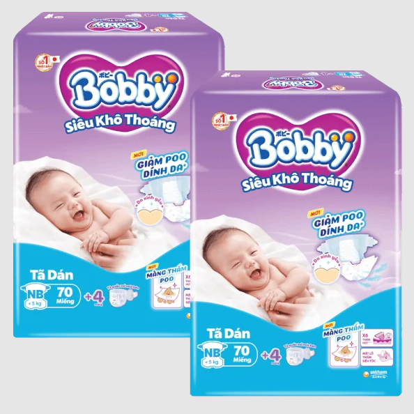 Combo 2 Tã dán Bobby NB70 tặng 4 miếng siêu thấm - khô thoáng Nb70 tặng 4 miếng cho bé sơ sinh đến d