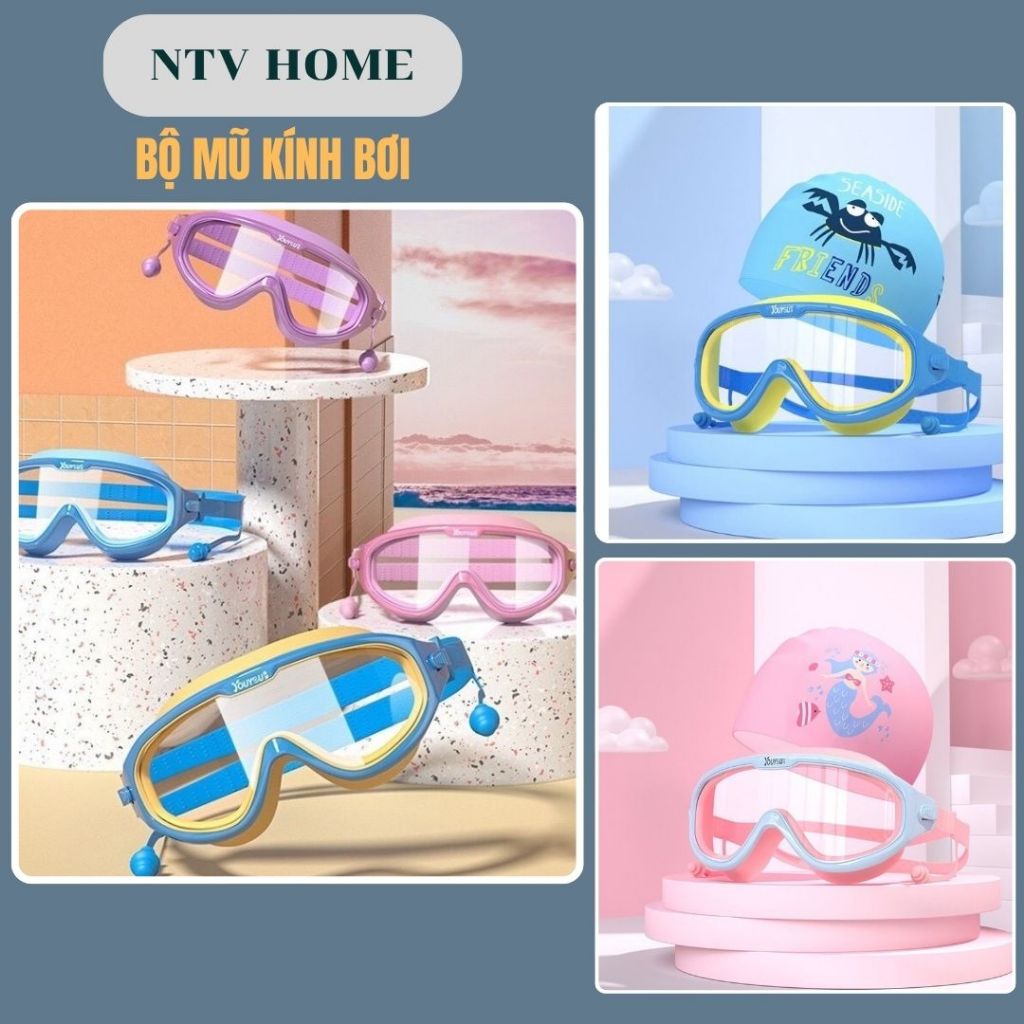 NTV HOME COMBO Kính + MŨ Bơi Trẻ Em 2–8 Tuổi  – Kính Bơi Kín Nước Chống Đọng Sương Chính Hãng