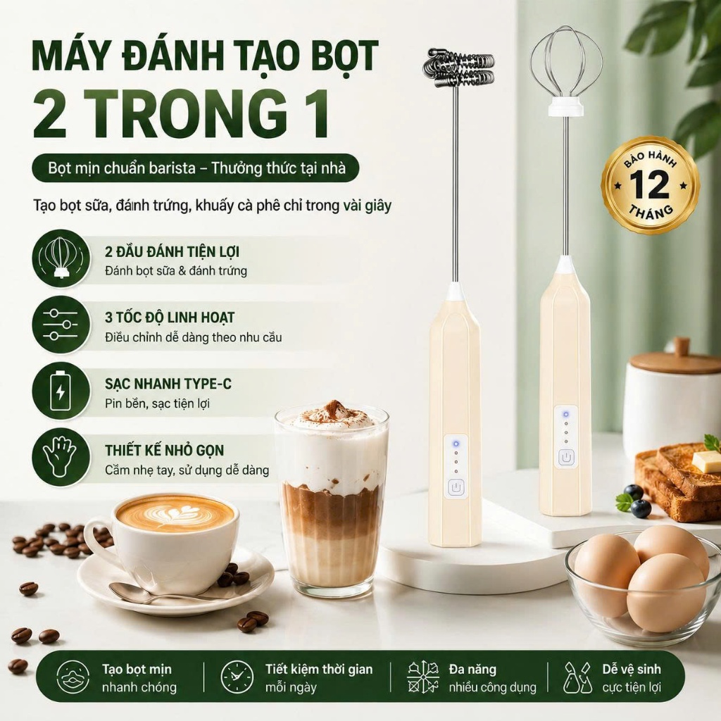 Máy Tạo Bọt Sữa Cà Phê 2 Trong 1 Cao Cấp - Máy Đánh Trứng Mini Cầm Tay Sạc Điện Type-C Có 3 Tốc Độ Điều Chỉnh Tiện Lợi