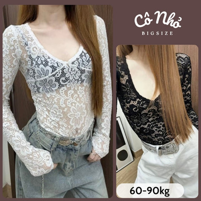 Áo Ren Bigsize Nữ Tay Dài Cổ Tim Ôm Body Vải Ren Hoa Nhí Gợi Cảm A243