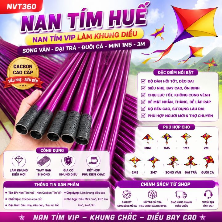 Nan tím huế, nan cacbon tím vip làm khung diều sáo Song Vân ,Đại Trà, Đuôi Cá,diều sáo Mini 1m5 1m7 