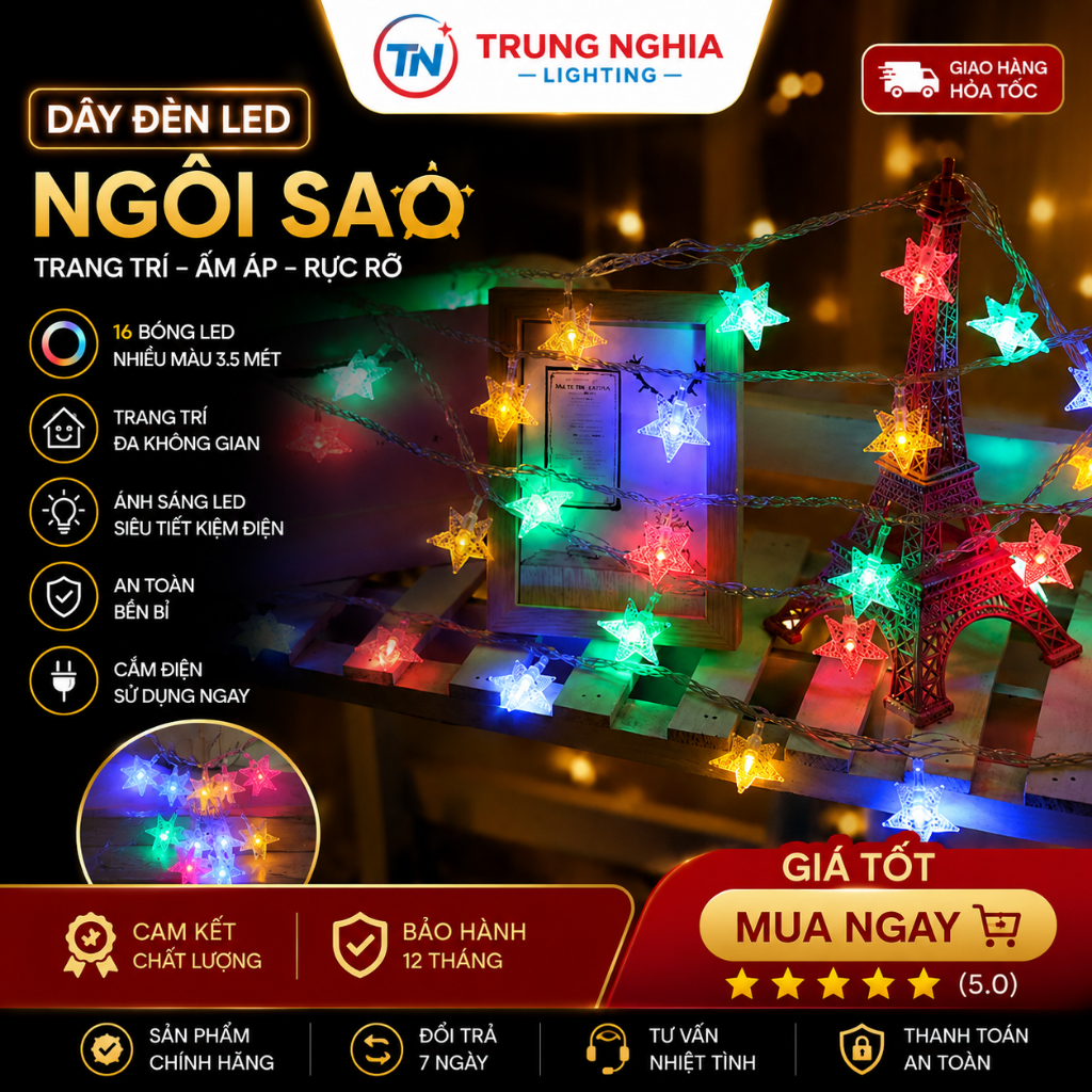 DÂY ĐÈN CHỚP KIỂU NGÔI SAO NHIỀU MÀU 3 MÉT 14 SAO