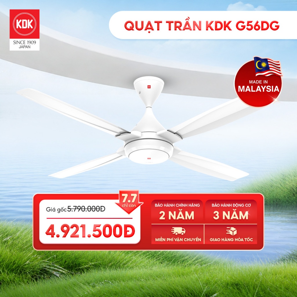 [Dino Vũ x KDK] Quạt trần KDK G56DG cánh kim loại, 5 tốc độ gió, 4 cánh bảo hành chính hãng 24 tháng