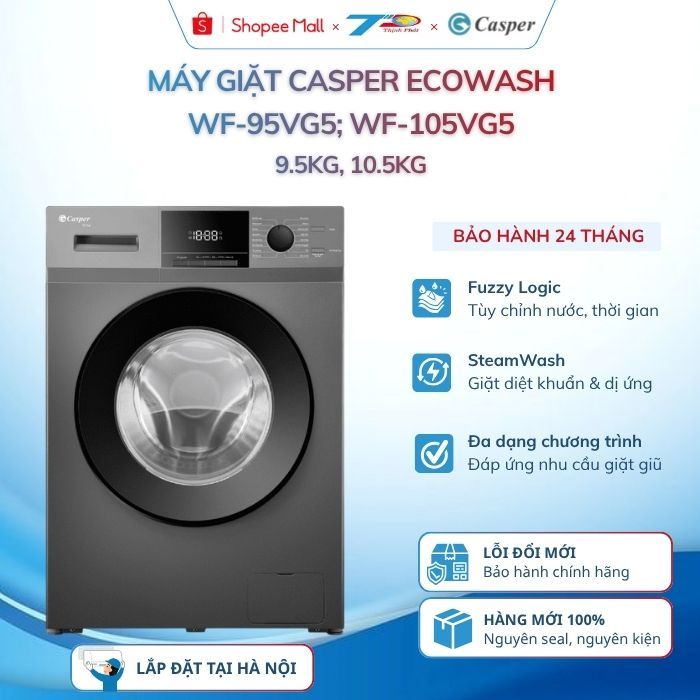 Máy giặt Casper WF-95VG5; WF-105VG5 9.5kg, 10.5kg EcoWash lồng ngang, Bảo hành chính hãng 24 tháng