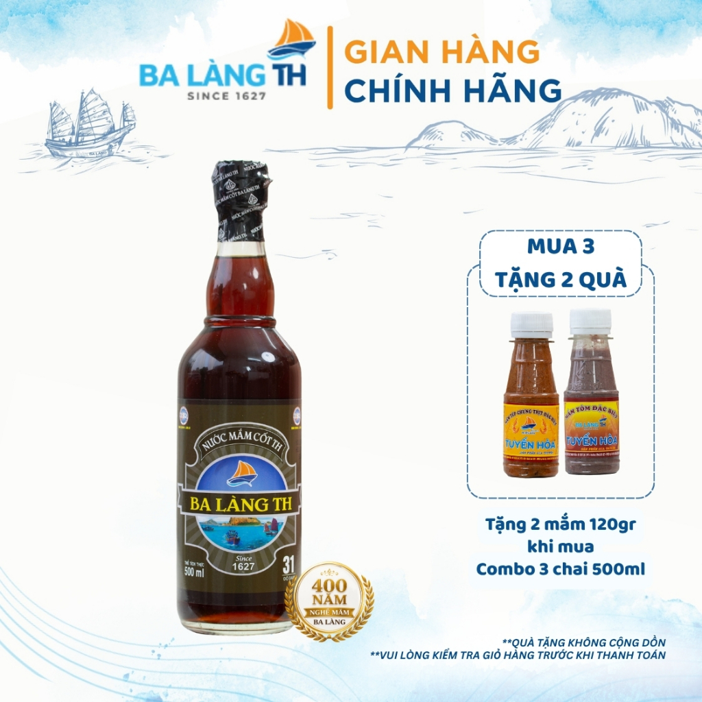 Nước Mắm Cốt Ba Làng TH 400 Năm Truyền Thống Chai Thủy Tinh 500ml