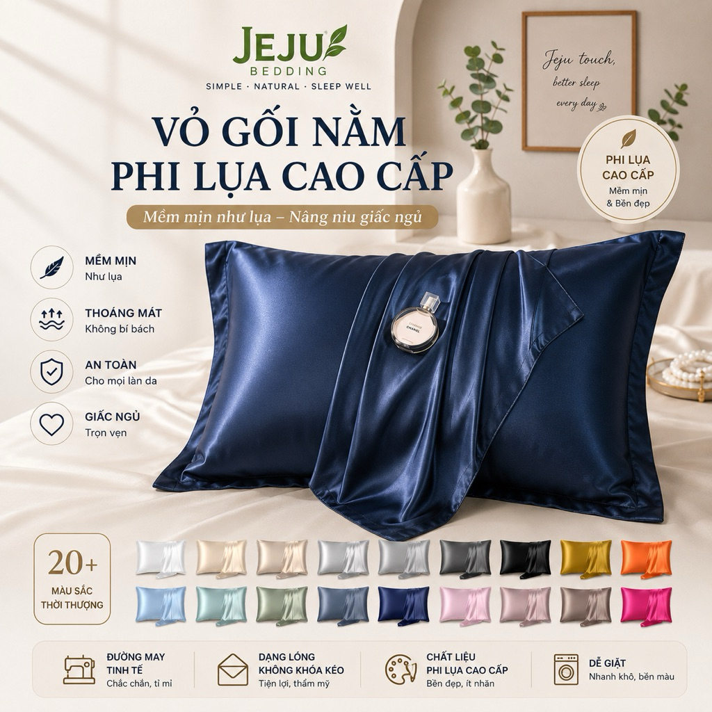 Vỏ Gối Nằm Phi Lụa JejuBedding – Size 40x60 / 50x70 – Mềm Mát, Cao Cấp, Giảm Rối Tóc