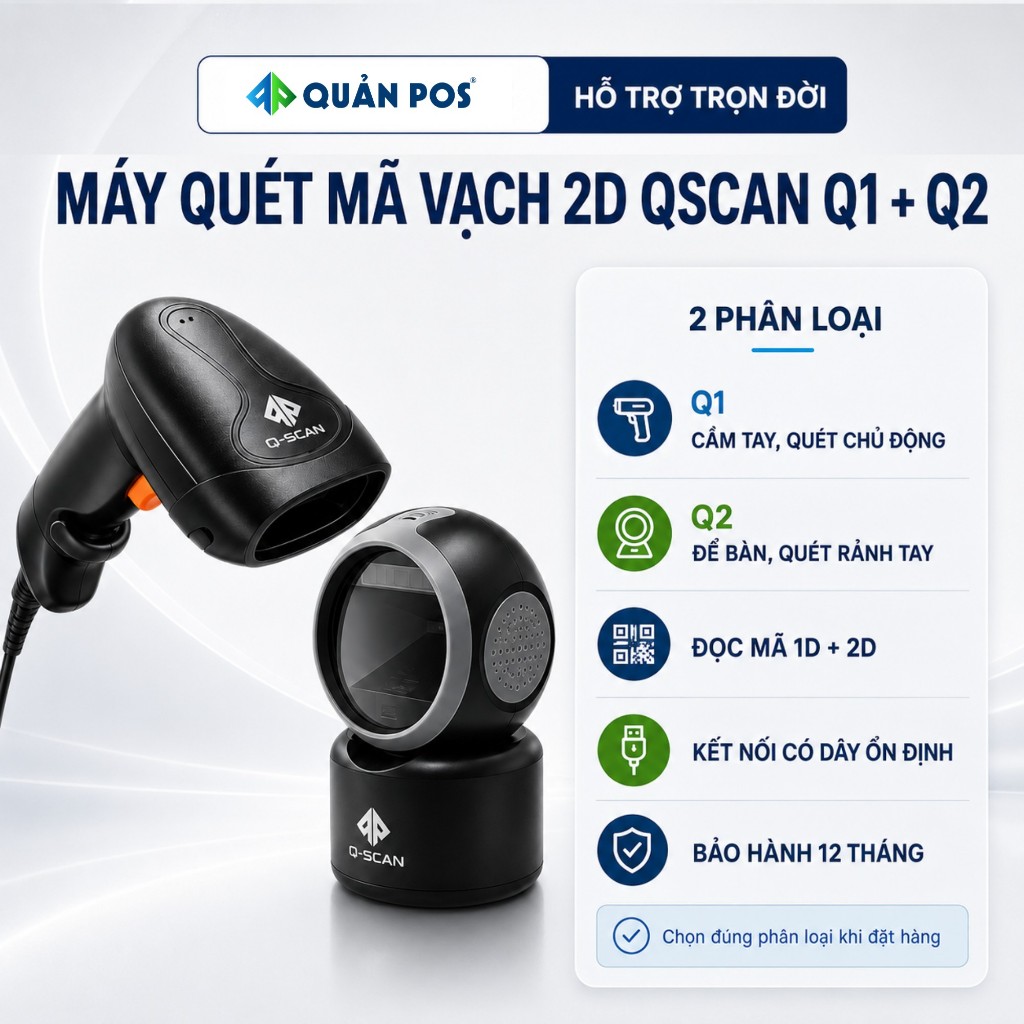 Máy quét mã vạch để bàn QScan đa tia quét 1D 2D QR Code, máy scan mã vạch USB cho quầy thu ngân