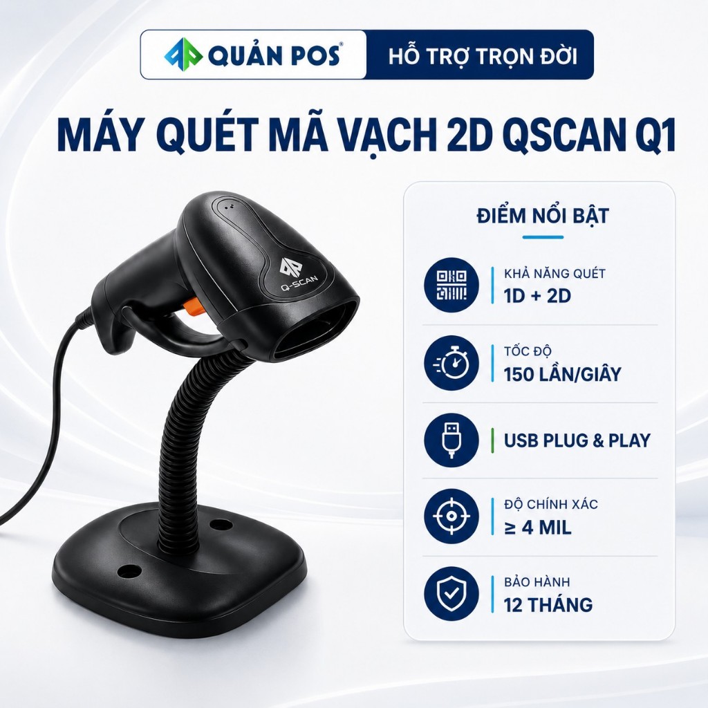 Máy quét mã vạch cầm tay QScan Q1 quét 1D 2D QR Code, máy scan mã vạch USB cho KiotViet Sapo POS365