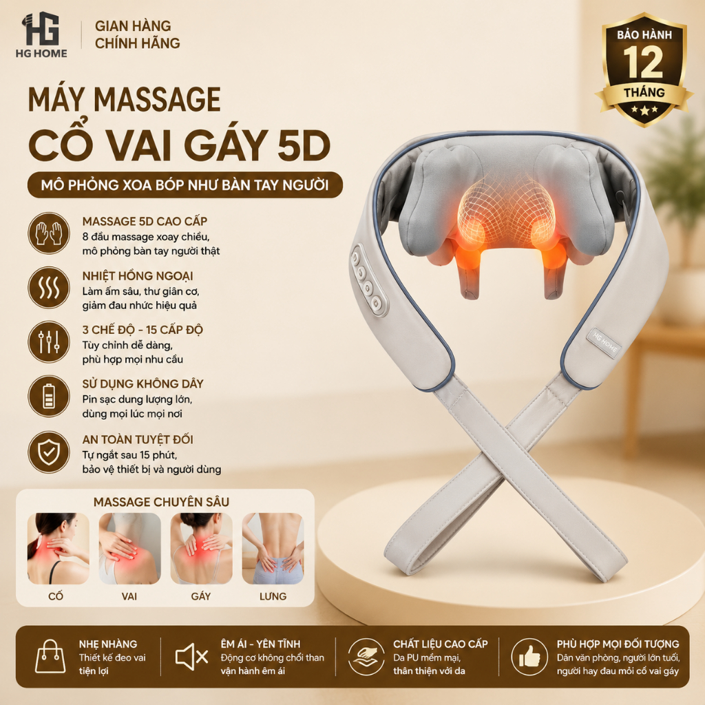 Máy Massage Cổ Vai Gáy HGHOME– 5D Mô Phỏng Xoa Bóp Như Bàn Tay Người HGHOME
