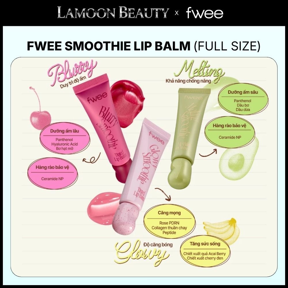 (Fullsize) Son dưỡng môi Fwee Smoothie Lip Balm, mùi thơm hoa quả siêu ngọt khi lên môi