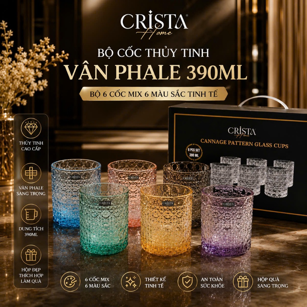 BỘ 6 CỐC THỦY TINH VÂN PHA LÊ NỔI 390ML CRISTA HOME -  60253